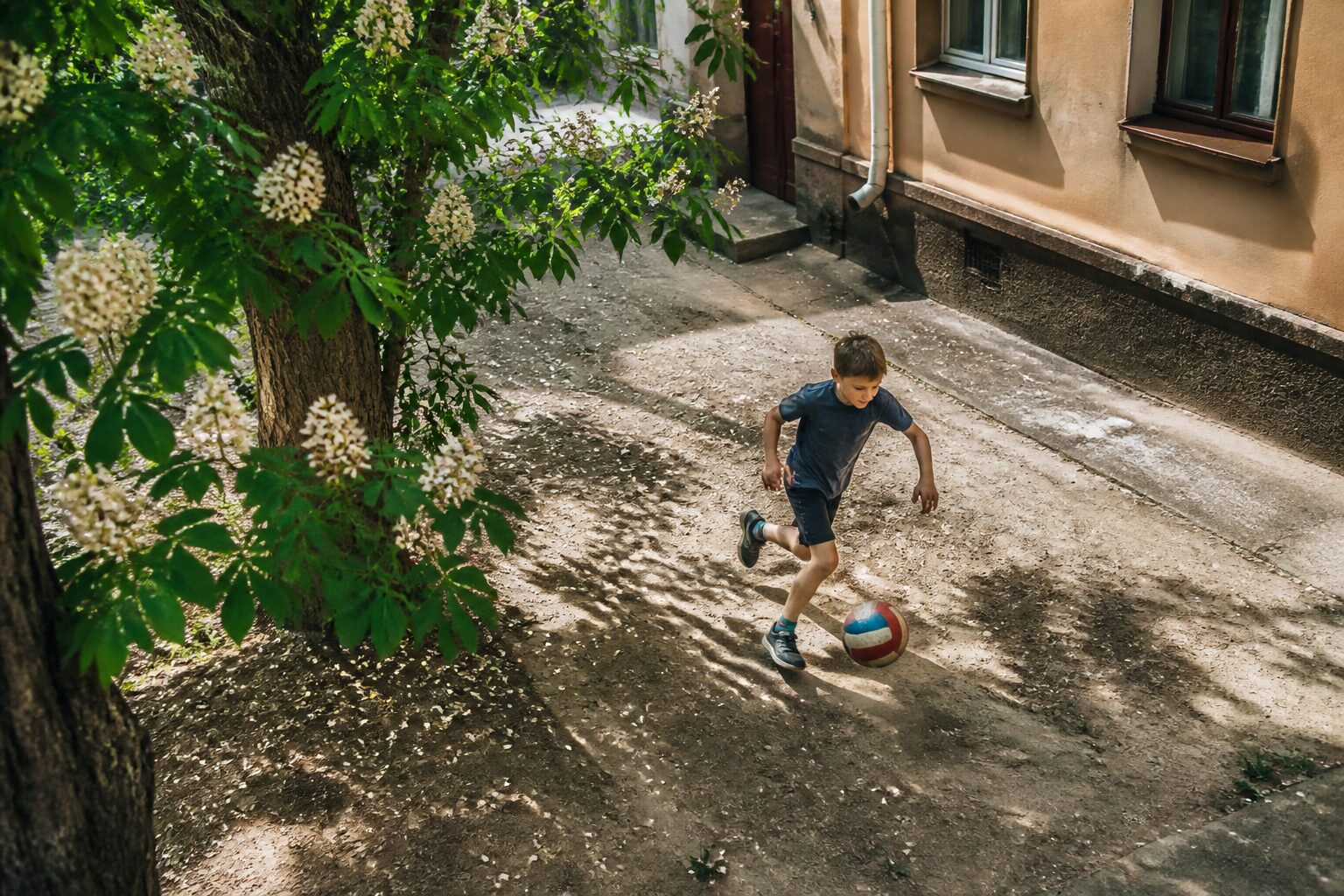 Енергійний хлопчик грається у дворі — впертий і діяльний характер маленького Броніслава