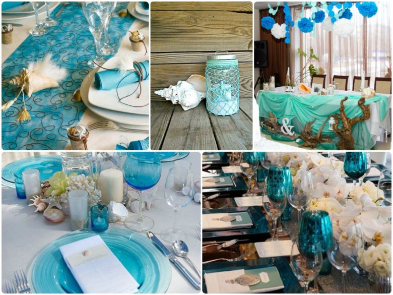 Оформлення залу на весілля бірюзового кольору із золотом