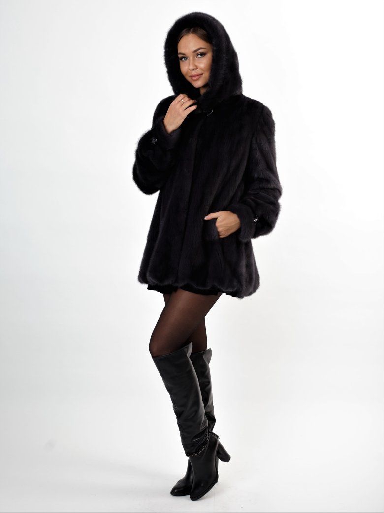 Шуба норкова чорна з капюшоном Monica Rindi