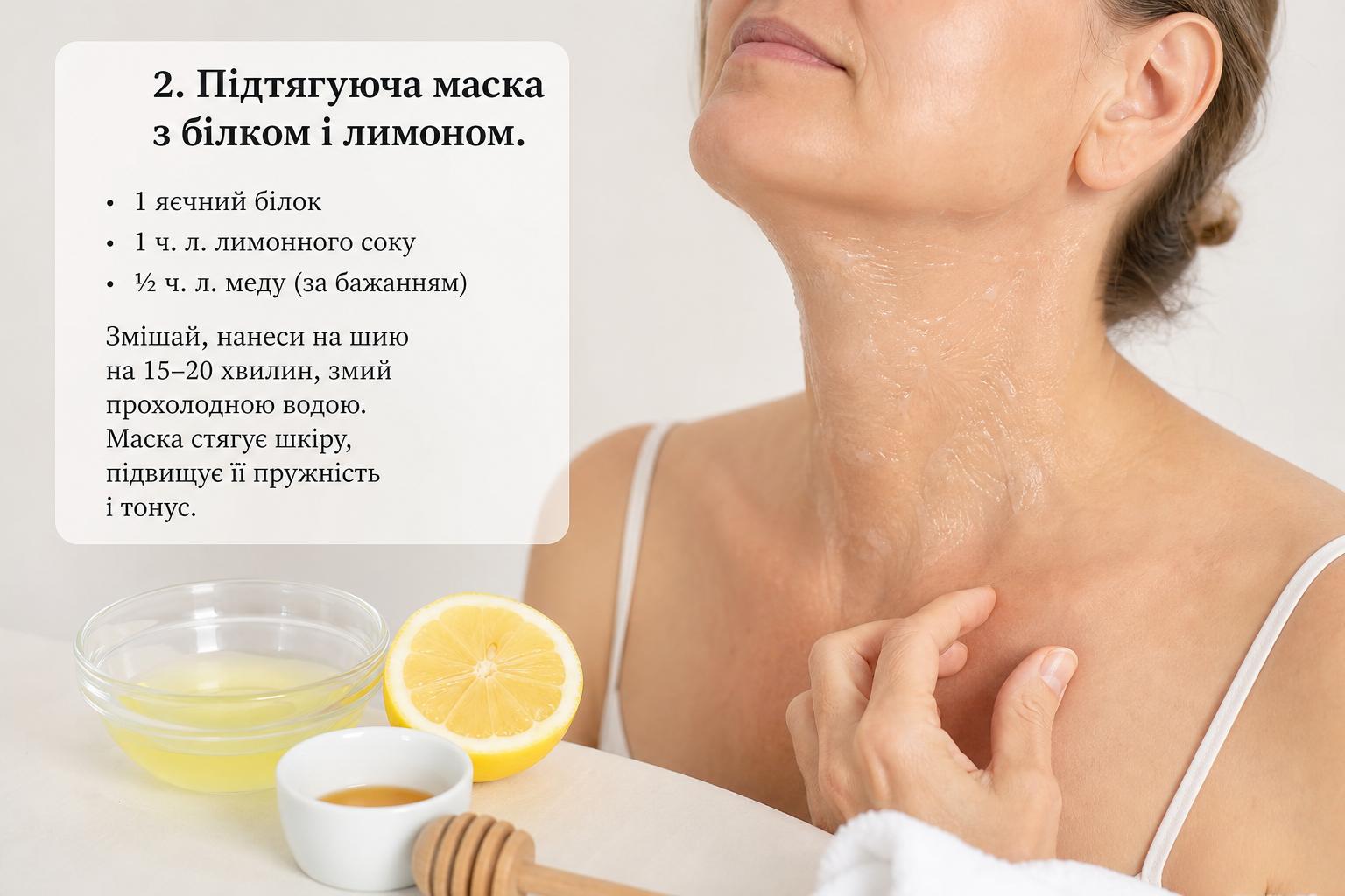 Маска від зморшок: рецепти для гладкої шкіри шиї. 2. Підтягуюча маска з білком і лимоном Маска від зморшок: рецепти для гладкої шкіри шиї. 2. Підтягуюча маска з білком і лимоном