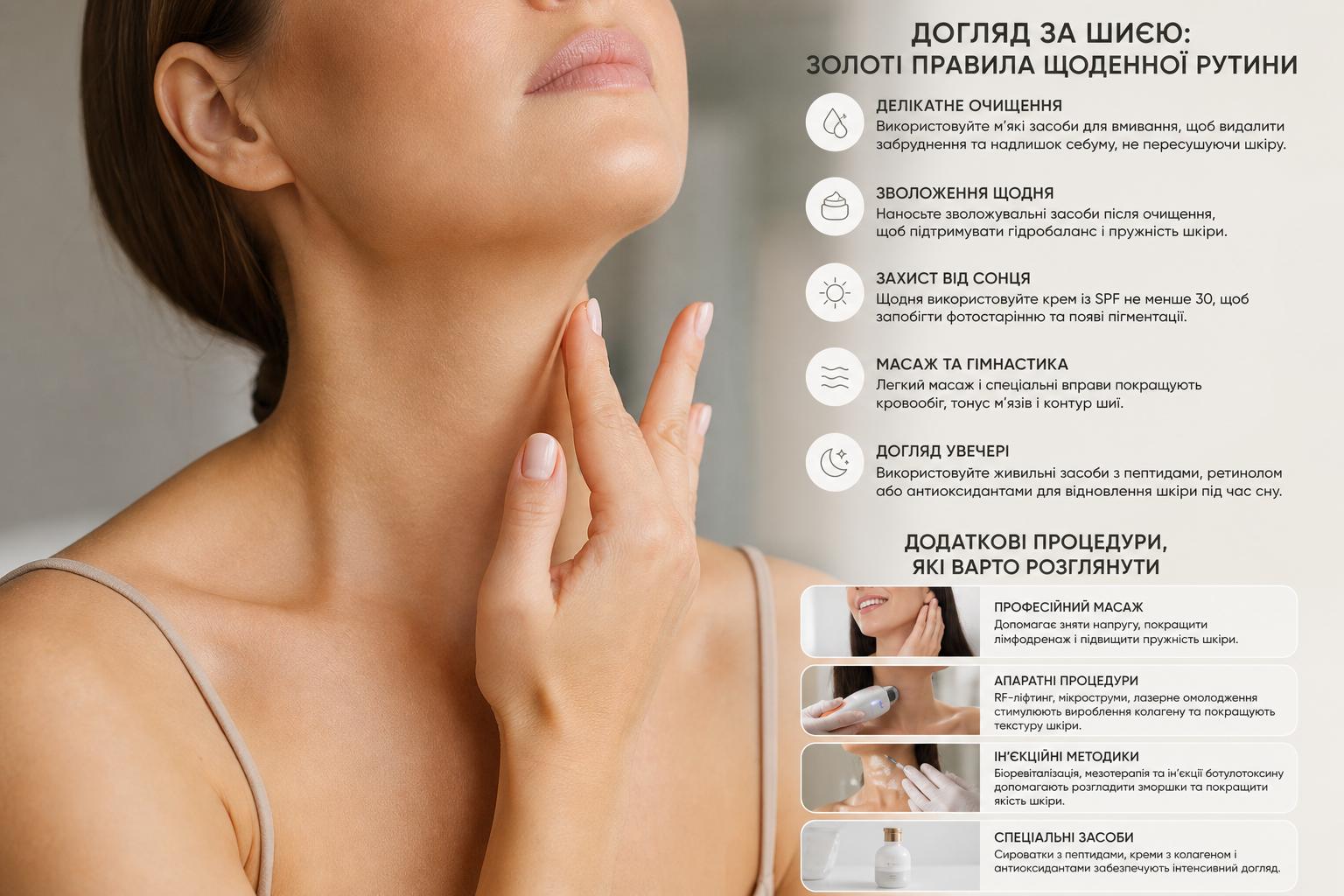 Догляд за шиєю: золоті правила щоденної рутини. Додаткові процедури, які варто розглянути Догляд за шиєю: золоті правила щоденної рутини. Додаткові процедури, які варто розглянути