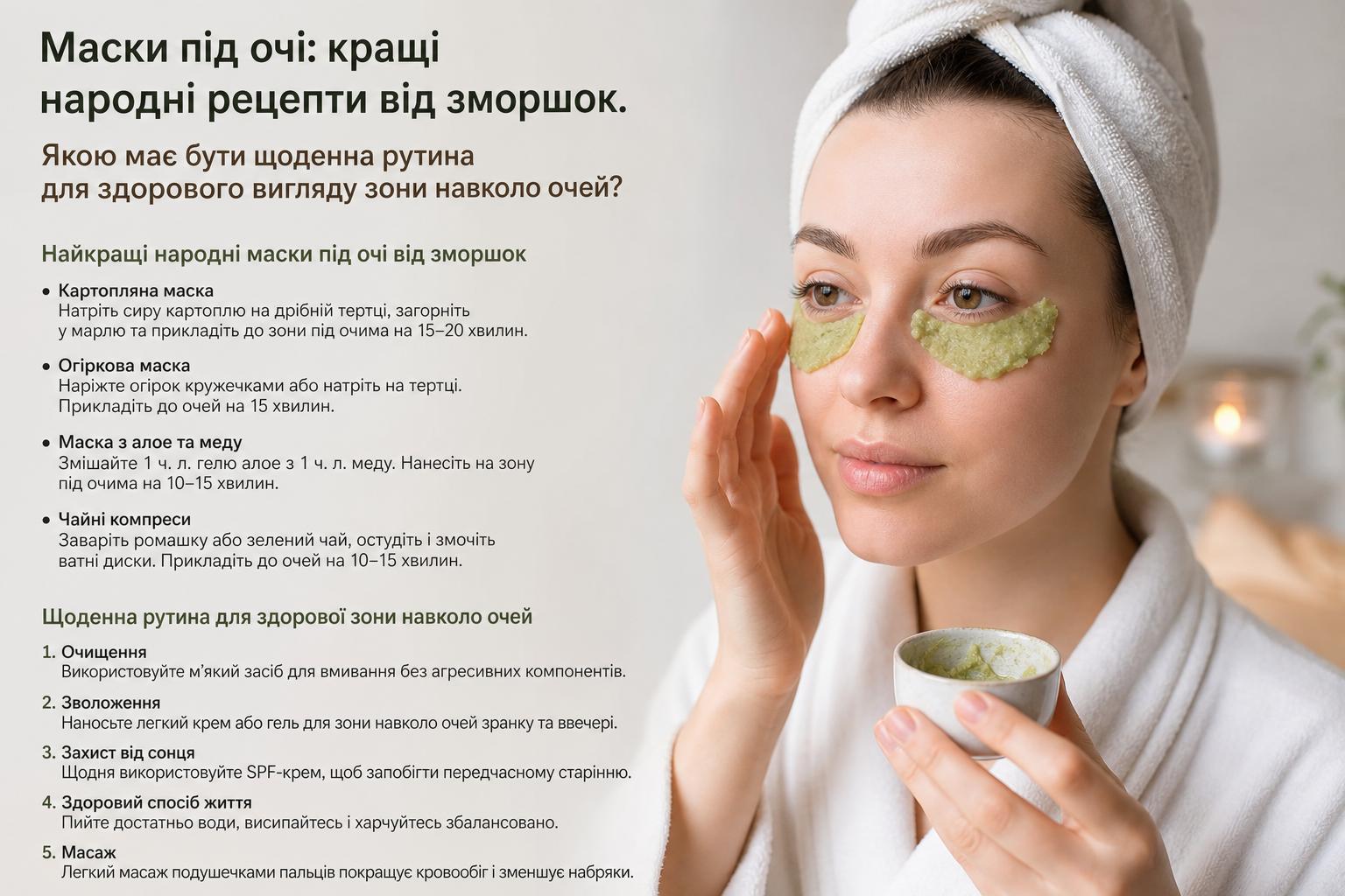 Маски під очі: кращі народні рецепти від зморшок. Якою має бути щоденна рутина для здорового вигляду зони навколо очей? Маски під очі: кращі народні рецепти від зморшок. Якою має бути щоденна рутина для здорового вигляду зони навколо очей?