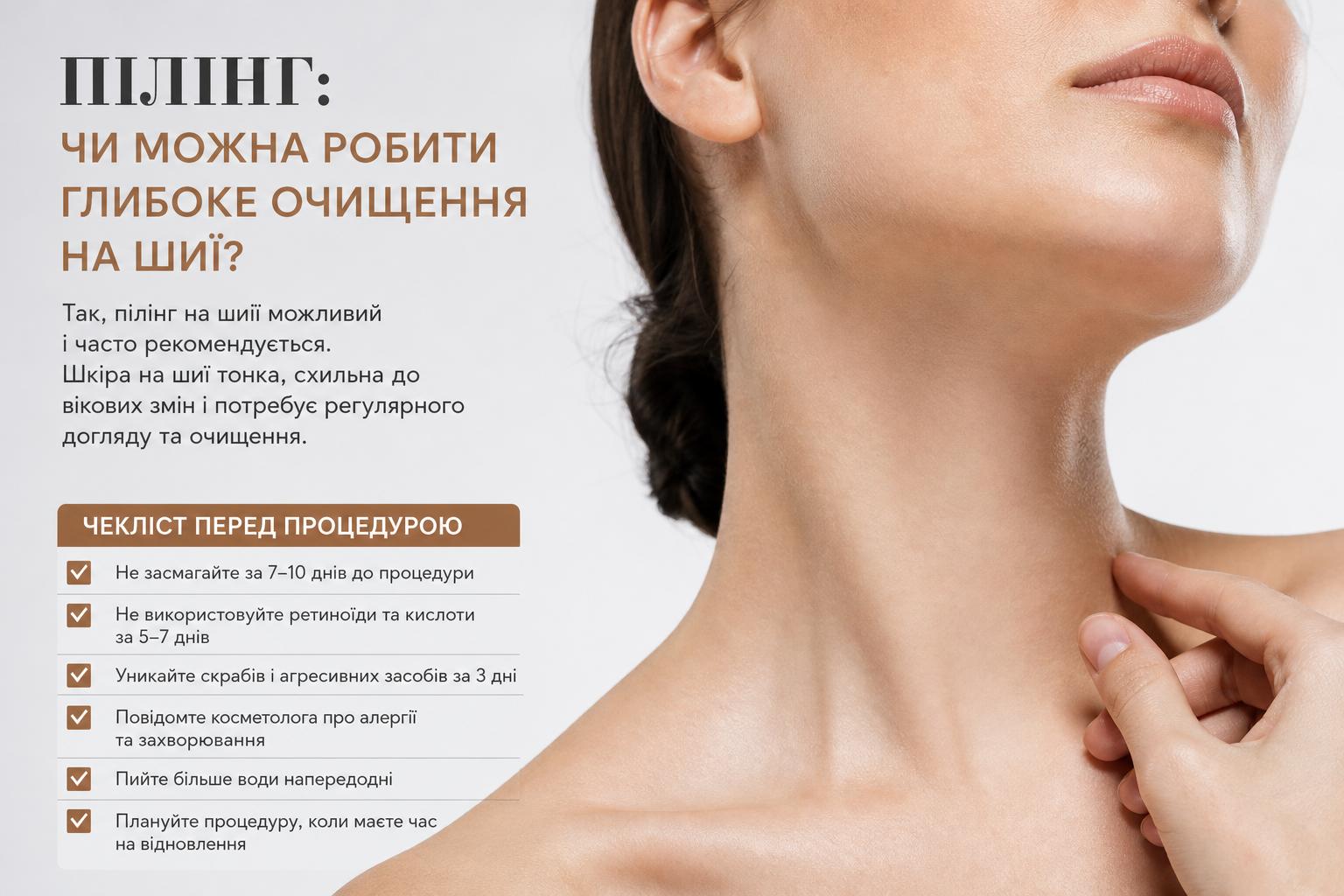 Пілінг: чи можна робити глибоке очищення на шиї?. Короткий чекліст перед процедурою Пілінг: чи можна робити глибоке очищення на шиї?. Короткий чекліст перед процедурою