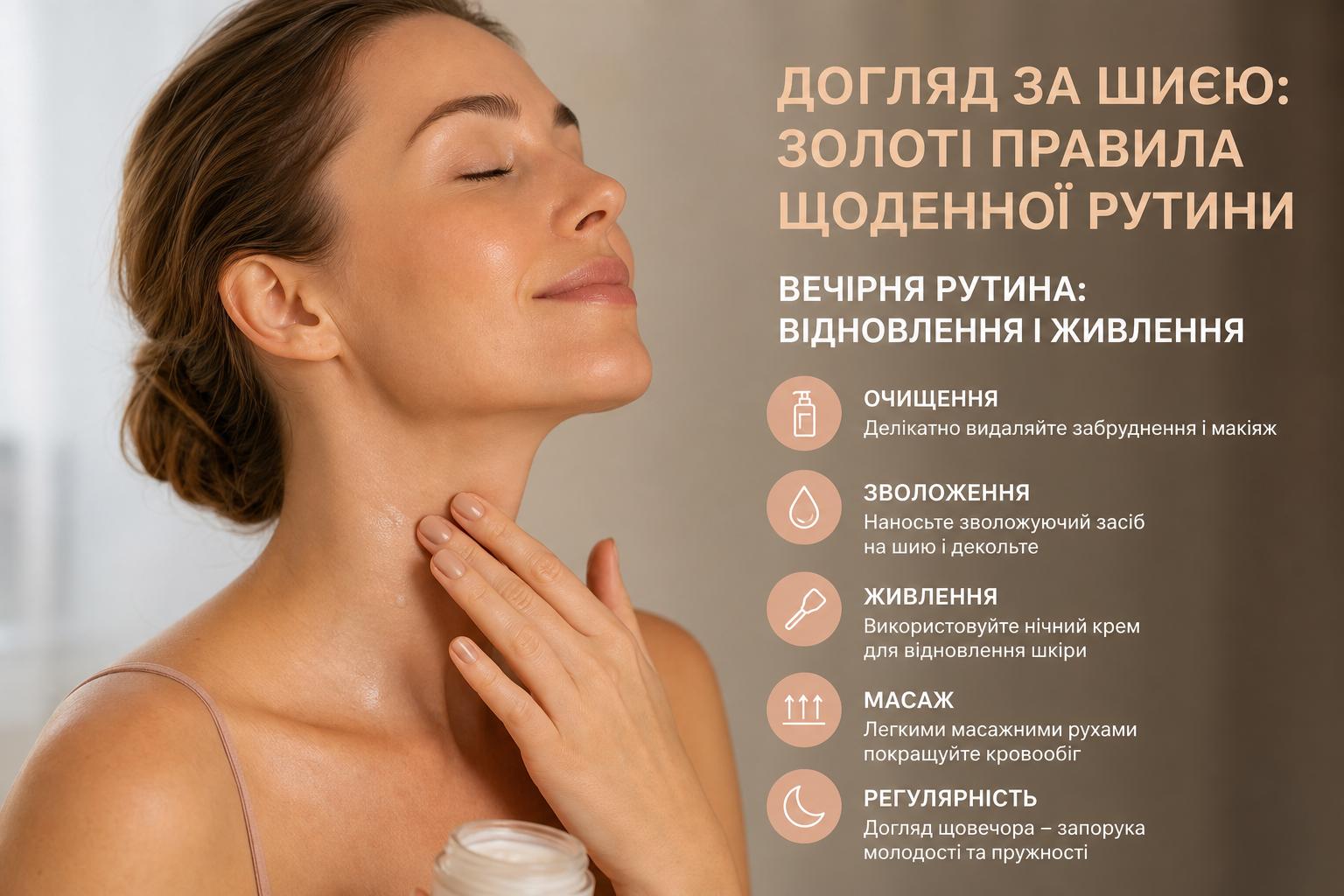 Догляд за шиєю: золоті правила щоденної рутини. Вечірня рутина: відновлення і живлення Догляд за шиєю: золоті правила щоденної рутини. Вечірня рутина: відновлення і живлення