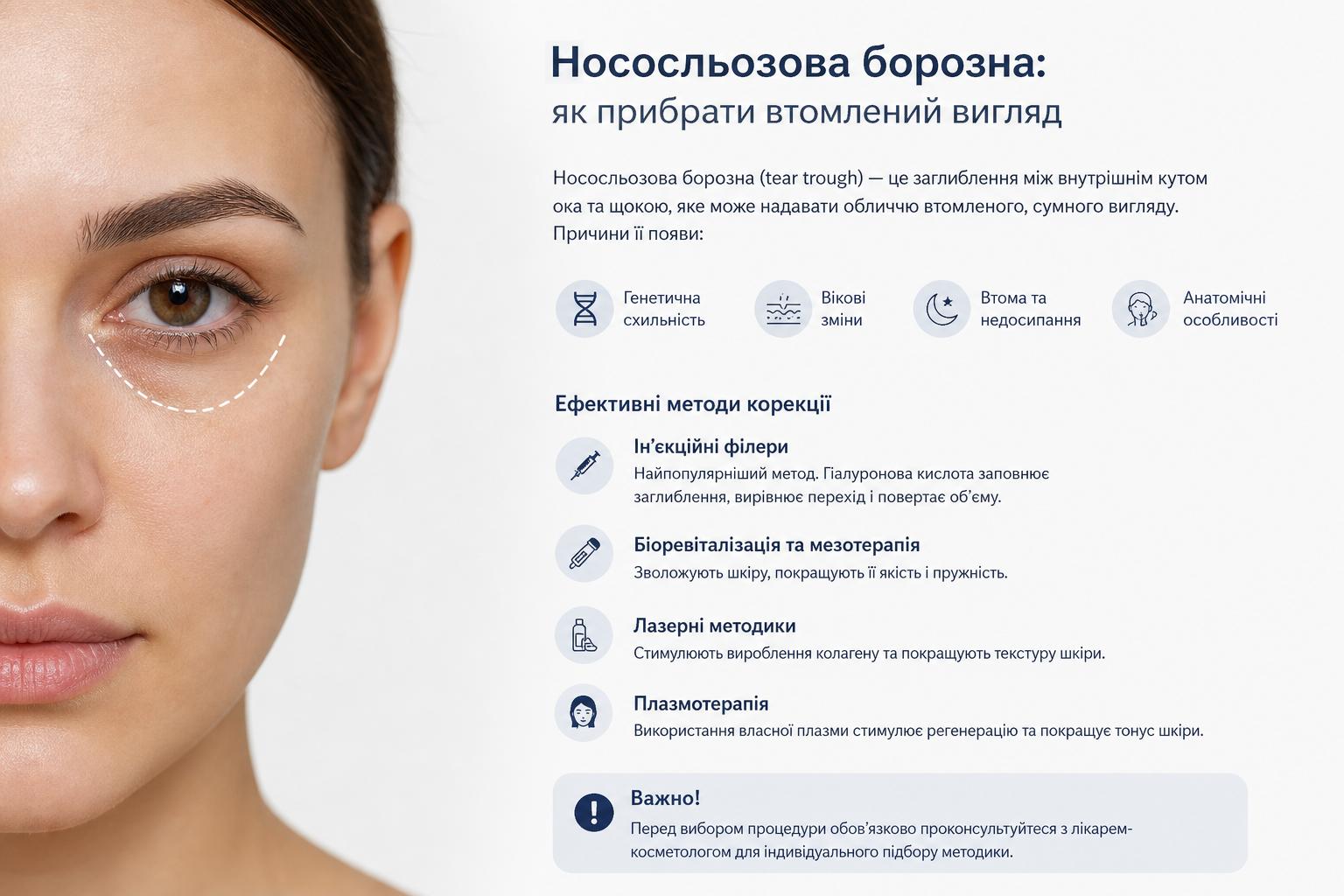 Як прибрати нососльозову борозну й позбутися втомленого вигляду?