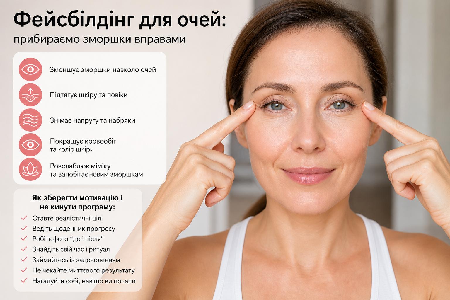 Фейсбілдінг для очей: прибираємо зморшки вправами. Як зберегти мотивацію і що допомагає не кинути програму? Фейсбілдінг для очей: прибираємо зморшки вправами. Як зберегти мотивацію і що допомагає не кинути програму?