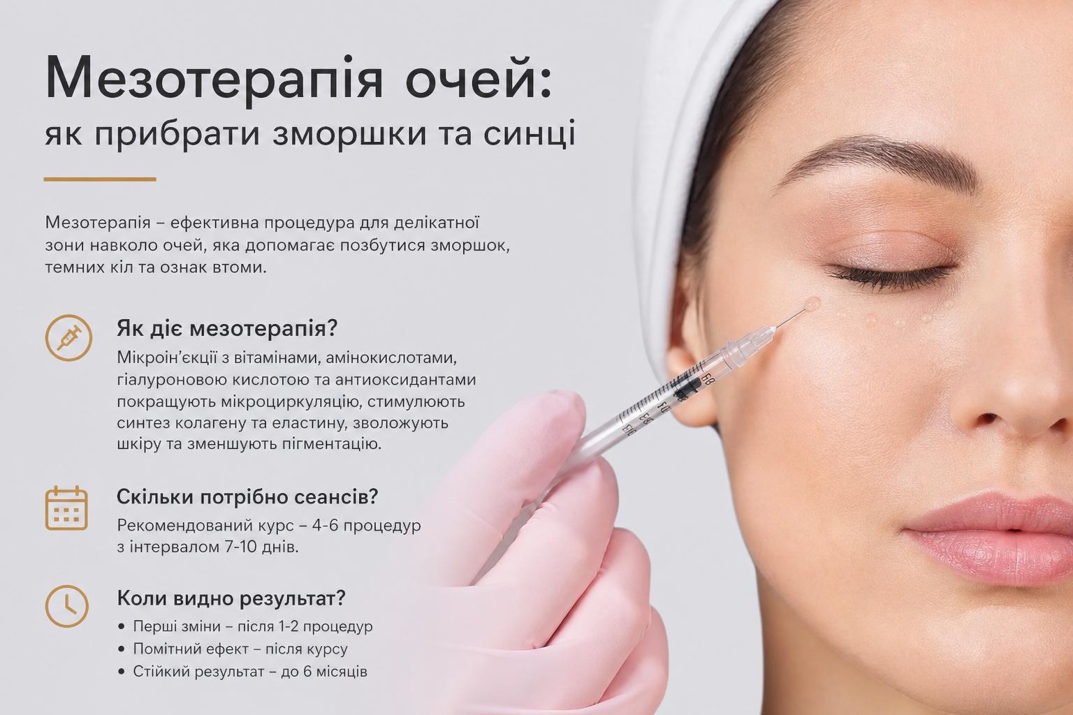 Мезотерапія очей: як прибрати зморшки та синці. Скільки потрібно сеансів і коли видно результат? Мезотерапія очей: як прибрати зморшки та синці. Скільки потрібно сеансів і коли видно результат?