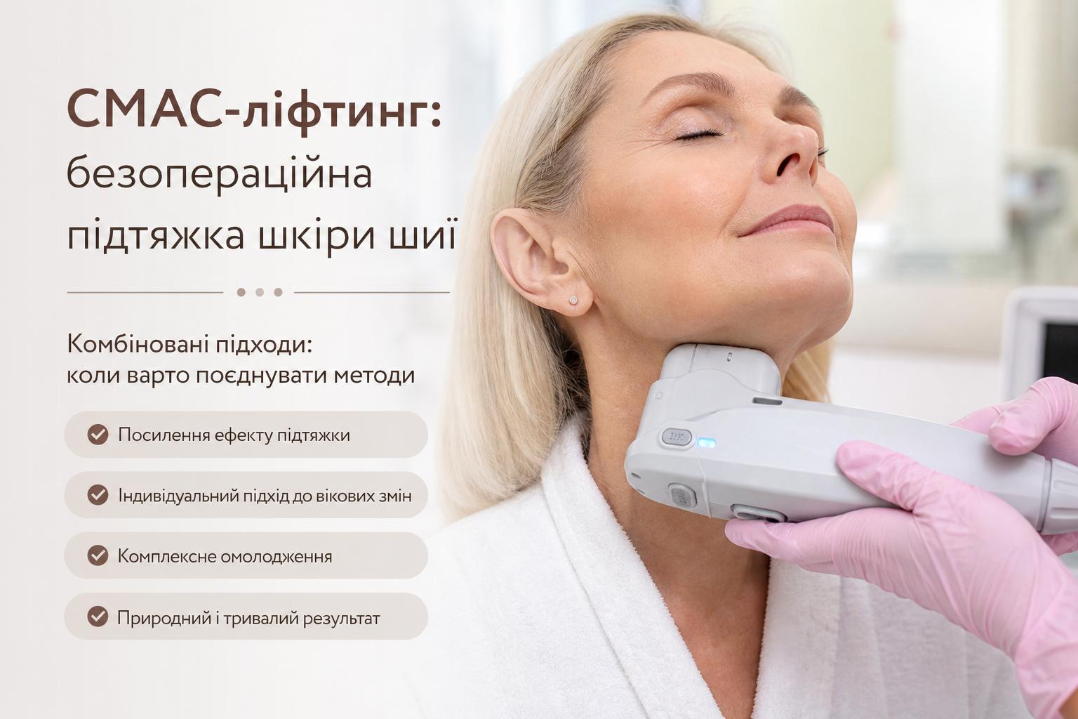 СМАС ліфтинг: безопераційна підтяжка шкіри шиї. Комбіновані підходи: коли варто поєднувати методи СМАС ліфтинг: безопераційна підтяжка шкіри шиї. Комбіновані підходи: коли варто поєднувати методи