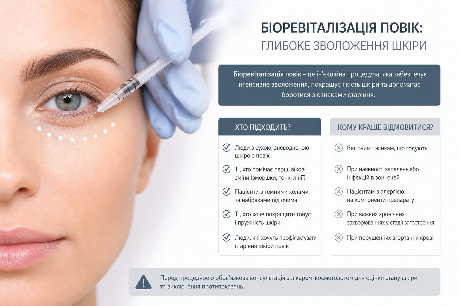 Біоревіталізація повік: глибоке зволоження шкіри. Хто підходить для процедури, а кому краще відмовитися? Біоревіталізація повік: глибоке зволоження шкіри. Хто підходить для процедури, а кому краще відмовитися?