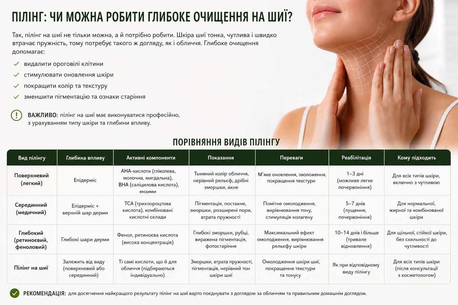 Пілінг: чи можна робити глибоке очищення на шиї?. Таблиця: порівняння видів пілінгу Пілінг: чи можна робити глибоке очищення на шиї?. Таблиця: порівняння видів пілінгу