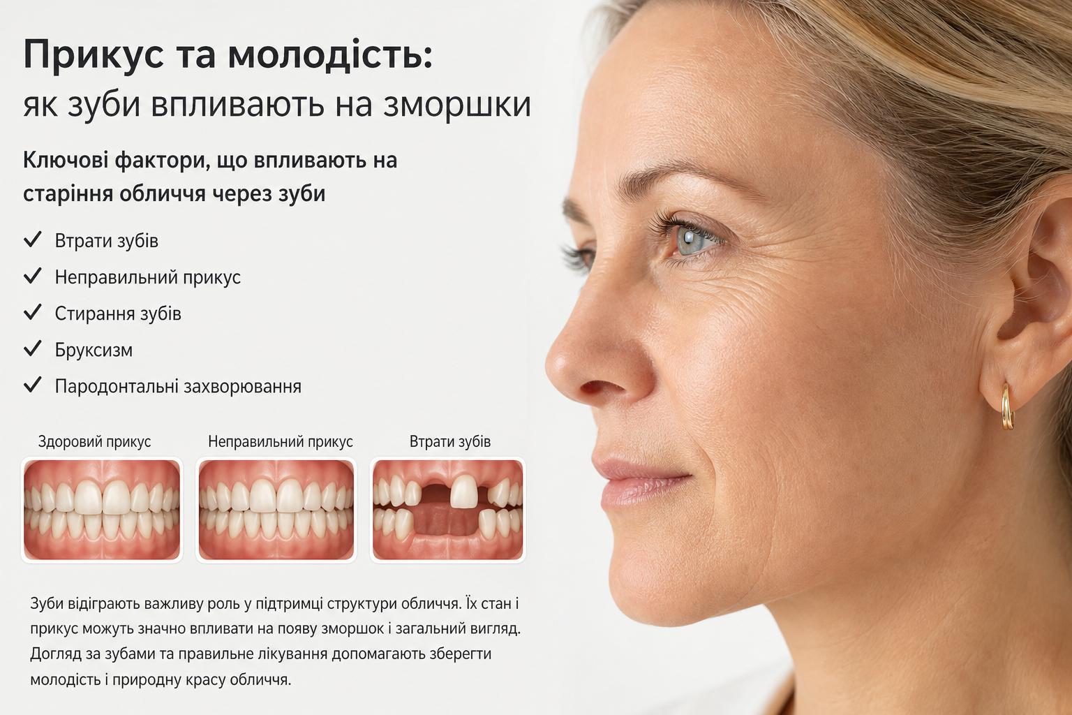 Прикус та молодість: як зуби впливають на зморшки. Ключові фактори, що впливають на старіння обличчя через зуби Прикус та молодість: як зуби впливають на зморшки. Ключові фактори, що впливають на старіння обличчя через зуби