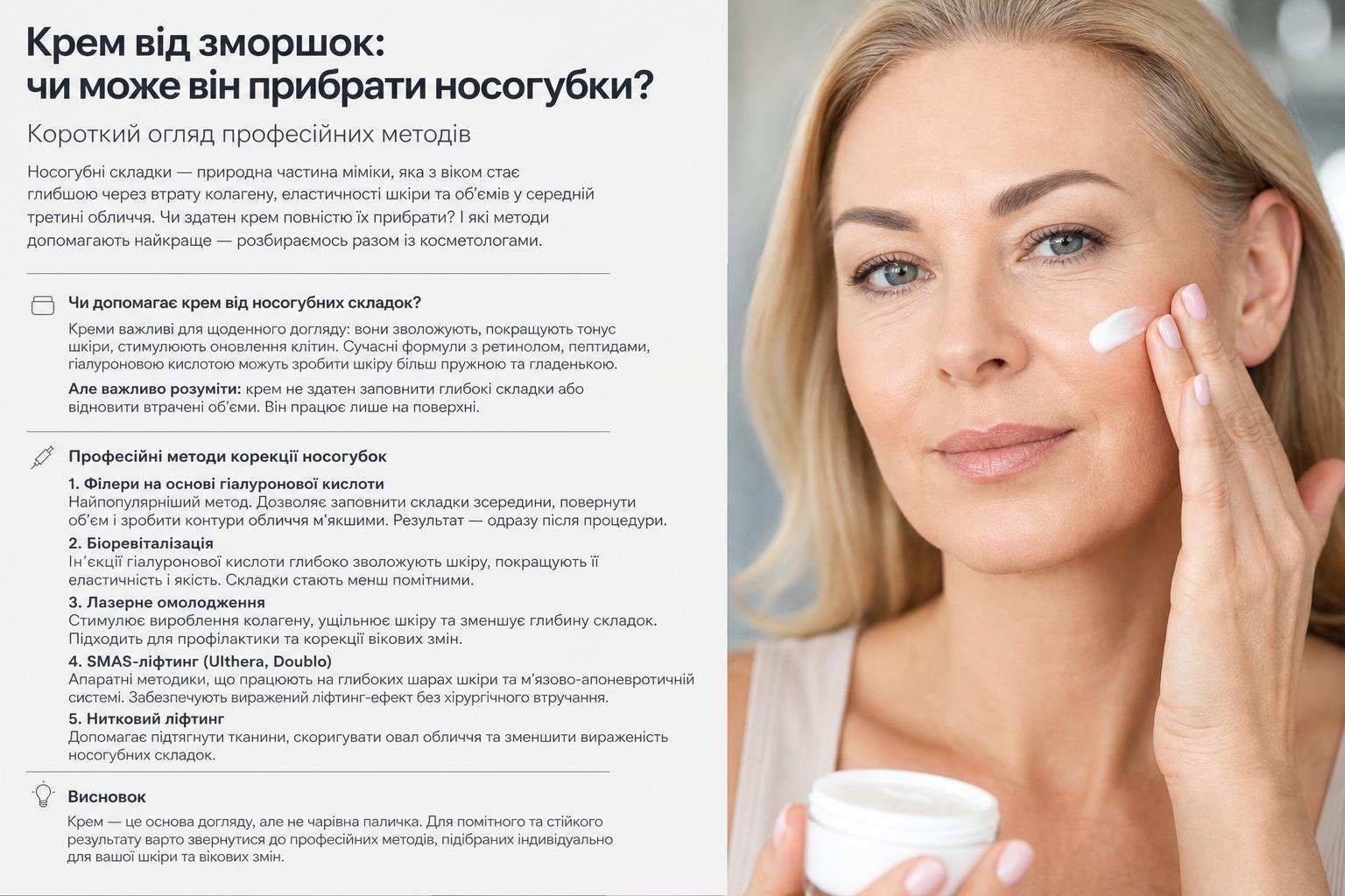 Крем від зморшок: чи може він прибрати носогубки?. Короткий огляд професійних методів Крем від зморшок: чи може він прибрати носогубки?. Короткий огляд професійних методів