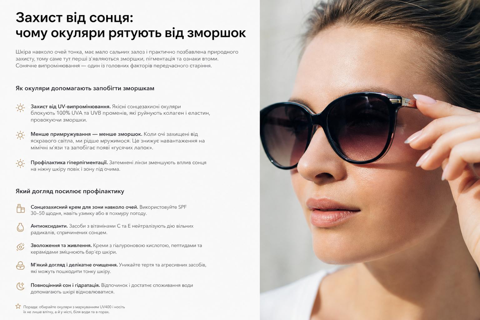 Захист від сонця: чому окуляри рятують від зморшок. Який догляд за шкірою навколо очей підсилює профілактику? Захист від сонця: чому окуляри рятують від зморшок. Який догляд за шкірою навколо очей підсилює профілактику?