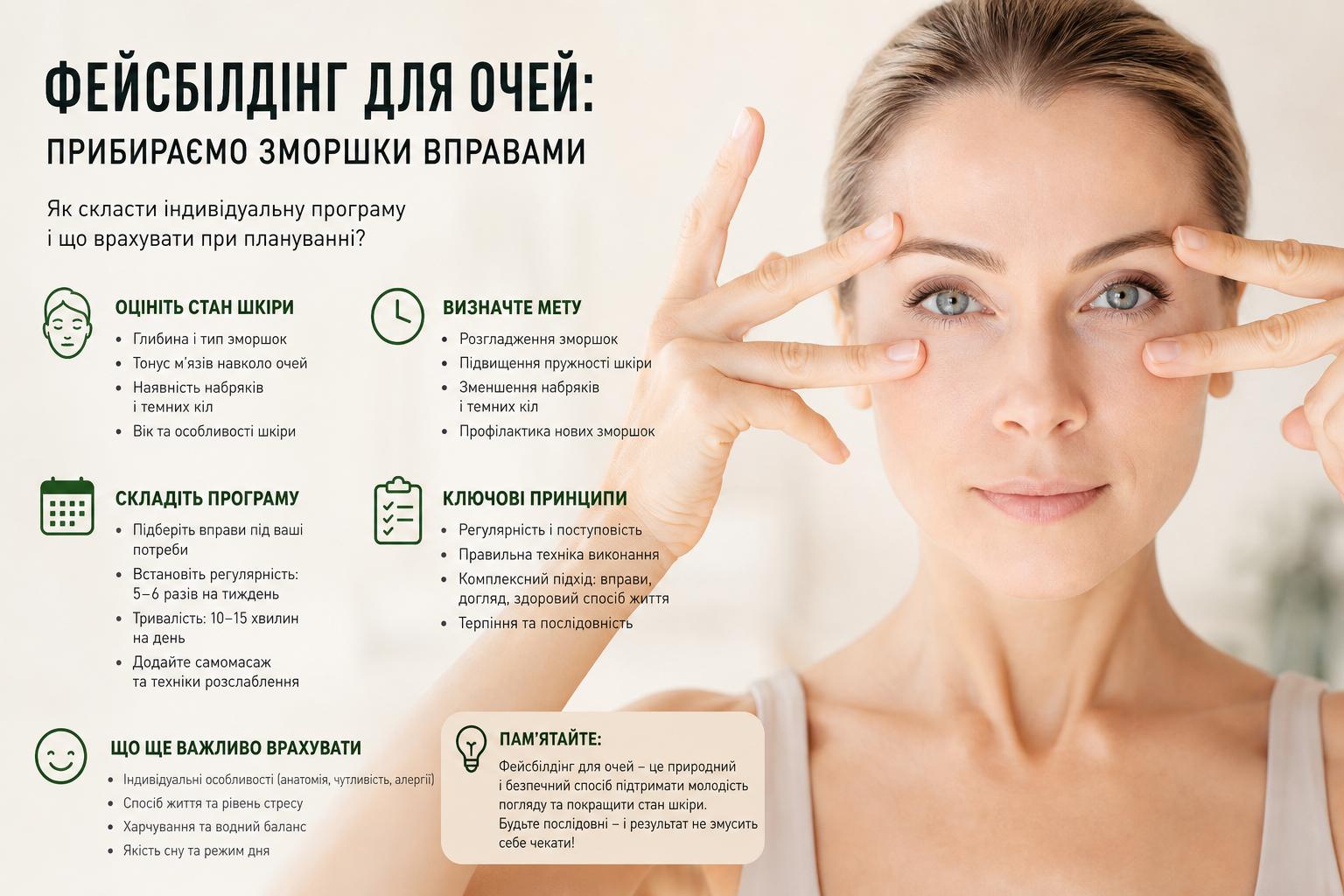 Фейсбілдінг для очей: прибираємо зморшки вправами. Як скласти індивідуальну програму і що врахувати при плануванні? Фейсбілдінг для очей: прибираємо зморшки вправами. Як скласти індивідуальну програму і що врахувати при плануванні?