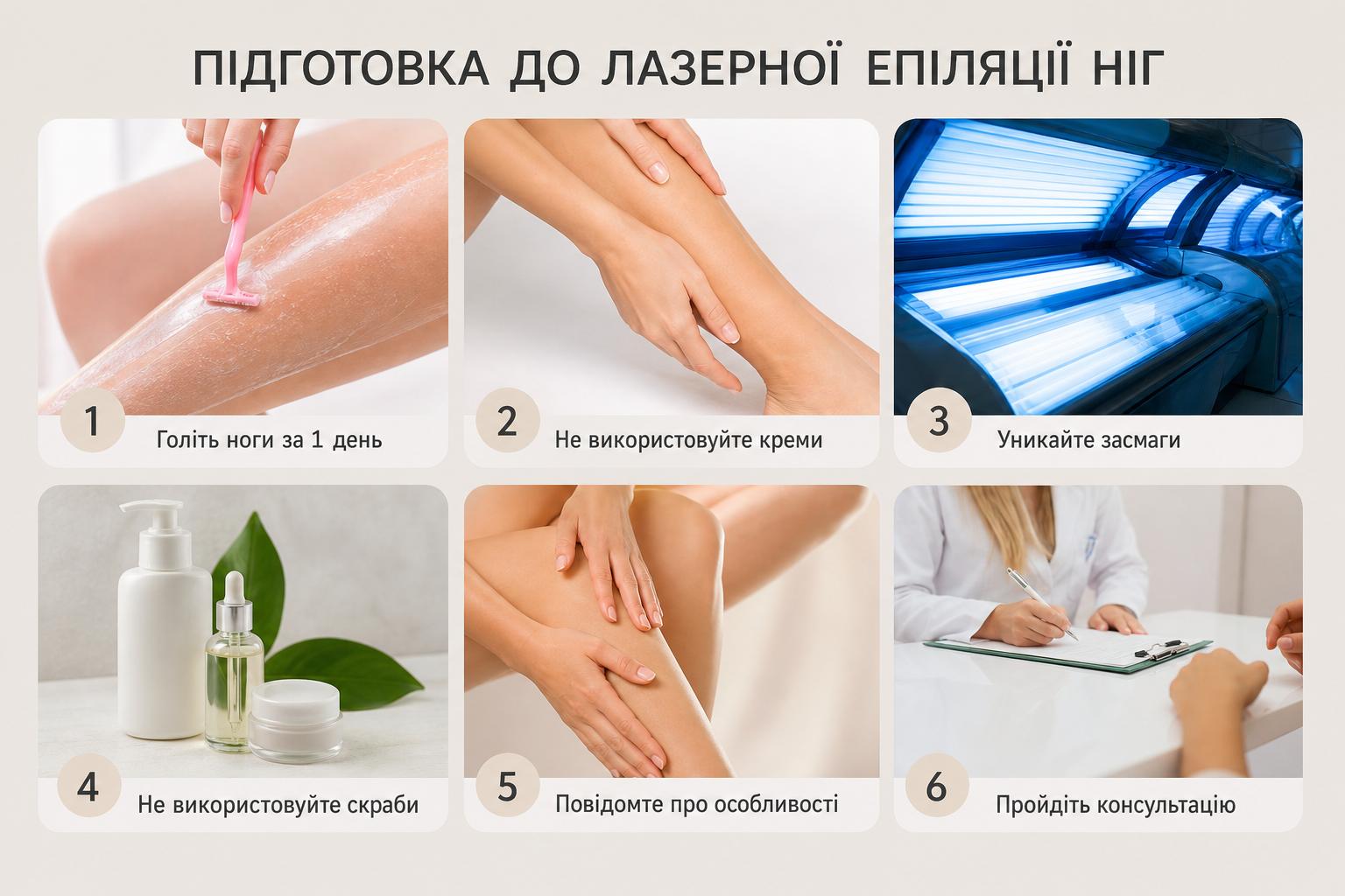 Підготовка до лазерної епіляції ніг. Покрокова підготовка — нумерований план Підготовка до лазерної епіляції ніг. Покрокова підготовка — нумерований план
